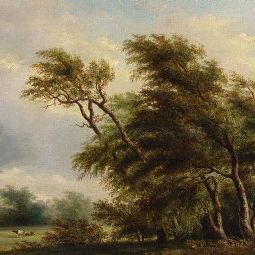 MID19THCENTURY BELGIAN SCHOOL WINDSWEPT LANDSCAPE WITH COTTAGE FIGURES COPSE ANTIQUE OIL PAINTING - ADDITIONAL PHOTO 6
