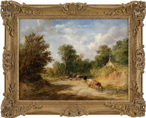 alfred vickers a welsh lane with cattle drover antique oil painting - CATEGORY: ANTIQUE ART - DATED 1860