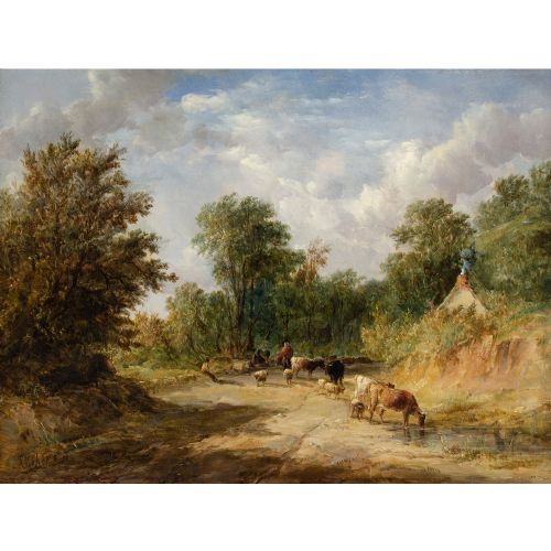 ALFRED VICKERS A WELSH LANE WITH CATTLE DROVER ANTIQUE OIL PAINTING - ADDITIONAL PHOTO 1