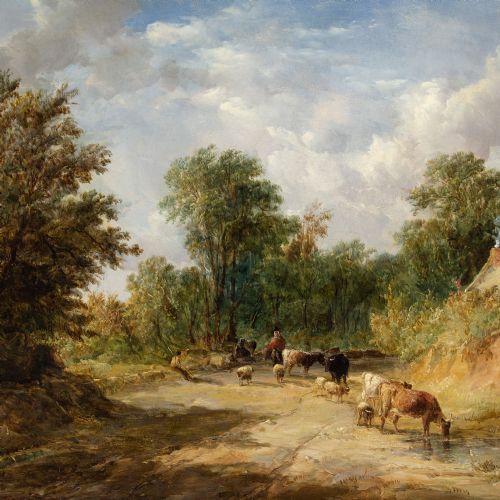 ALFRED VICKERS A WELSH LANE WITH CATTLE DROVER ANTIQUE OIL PAINTING - ADDITIONAL PHOTO 4