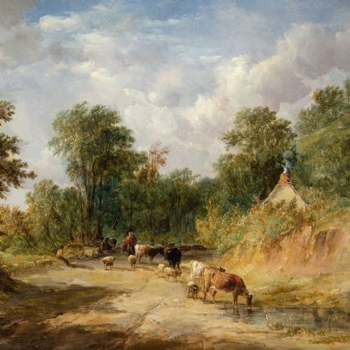 ALFRED VICKERS A WELSH LANE WITH CATTLE DROVER ANTIQUE OIL PAINTING - ADDITIONAL PHOTO 5