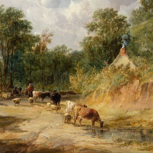 ALFRED VICKERS A WELSH LANE WITH CATTLE DROVER ANTIQUE OIL PAINTING - ADDITIONAL PHOTO 8
