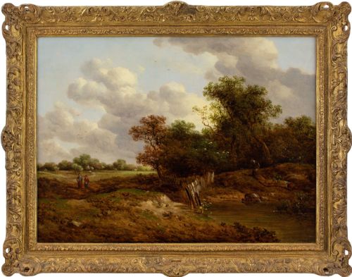 richard hilder landscape with figures stream antique oil painting - CATEGORY: ANTIQUE ART - DATED 19TH CENTURY