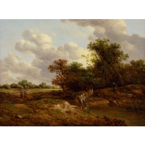 RICHARD HILDER LANDSCAPE WITH FIGURES STREAM ANTIQUE OIL PAINTING - ADDITIONAL PHOTO 1