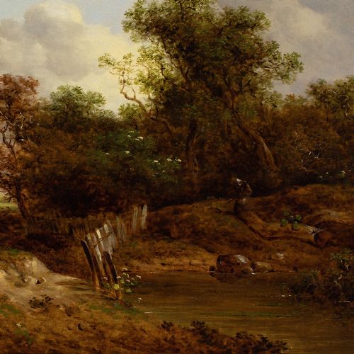 RICHARD HILDER LANDSCAPE WITH FIGURES STREAM ANTIQUE OIL PAINTING - ADDITIONAL PHOTO 4