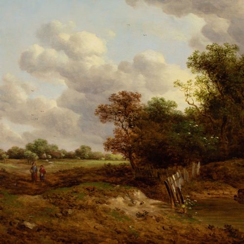 RICHARD HILDER LANDSCAPE WITH FIGURES STREAM ANTIQUE OIL PAINTING - ADDITIONAL PHOTO 6