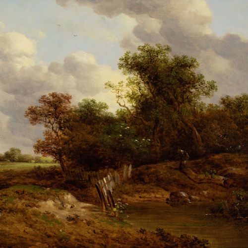 RICHARD HILDER LANDSCAPE WITH FIGURES STREAM ANTIQUE OIL PAINTING - ADDITIONAL PHOTO 7