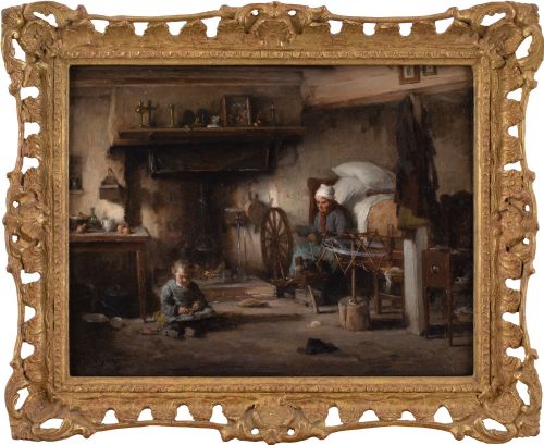PAUL CONSTANT SOYER COTTAGE INTERIOR WITH CHILD PEELING VEGETABLES ANTIQUE OIL PAINTING