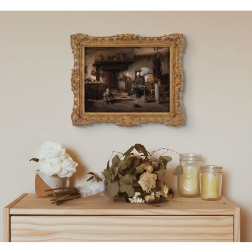 PAUL CONSTANT SOYER COTTAGE INTERIOR WITH CHILD PEELING VEGETABLES ANTIQUE OIL PAINTING - ADDITIONAL PHOTO 2
