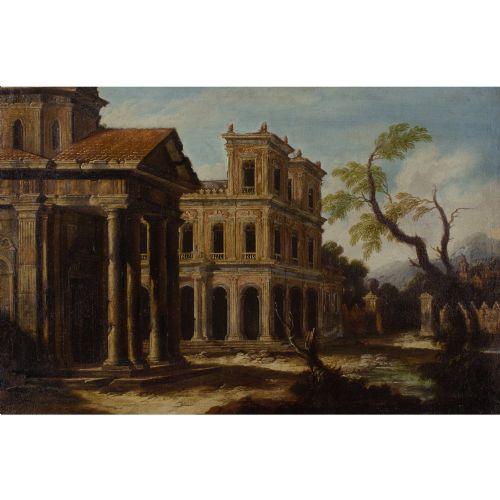 LATE 17THCENTURY ITALIAN SCHOOL ARCHITECTURAL CAPRICCIO WITH PORTICO DISTANT MOUNTAIN ANTIQUE OIL PAINTING - ADDITIONAL PHOTO 1