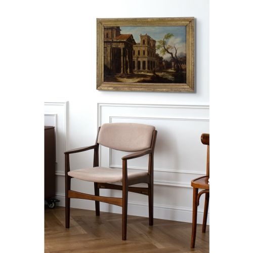LATE 17THCENTURY ITALIAN SCHOOL ARCHITECTURAL CAPRICCIO WITH PORTICO DISTANT MOUNTAIN ANTIQUE OIL PAINTING - ADDITIONAL PHOTO 2