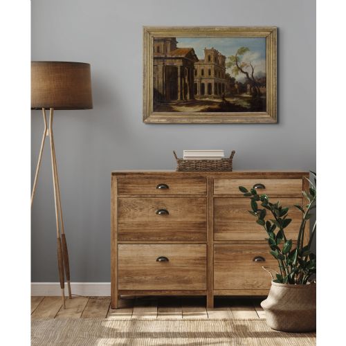 LATE 17THCENTURY ITALIAN SCHOOL ARCHITECTURAL CAPRICCIO WITH PORTICO DISTANT MOUNTAIN ANTIQUE OIL PAINTING - ADDITIONAL PHOTO 3