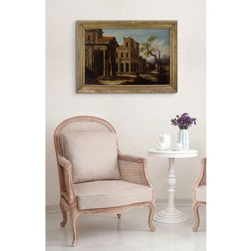 LATE 17THCENTURY ITALIAN SCHOOL ARCHITECTURAL CAPRICCIO WITH PORTICO DISTANT MOUNTAIN ANTIQUE OIL PAINTING - ADDITIONAL PHOTO 4
