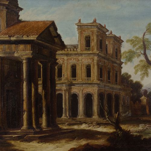 LATE 17THCENTURY ITALIAN SCHOOL ARCHITECTURAL CAPRICCIO WITH PORTICO DISTANT MOUNTAIN ANTIQUE OIL PAINTING - ADDITIONAL PHOTO 5