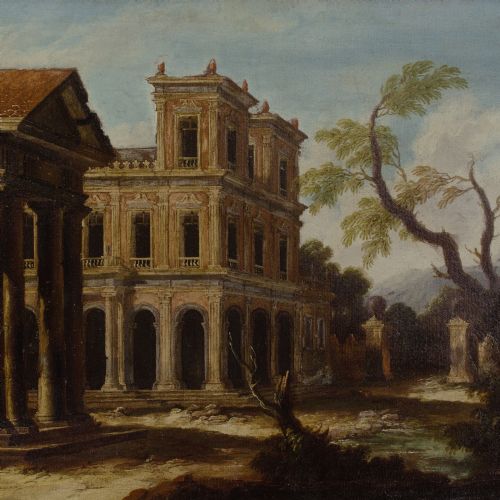 LATE 17THCENTURY ITALIAN SCHOOL ARCHITECTURAL CAPRICCIO WITH PORTICO DISTANT MOUNTAIN ANTIQUE OIL PAINTING - ADDITIONAL PHOTO 6