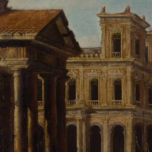 LATE 17THCENTURY ITALIAN SCHOOL ARCHITECTURAL CAPRICCIO WITH PORTICO DISTANT MOUNTAIN ANTIQUE OIL PAINTING - ADDITIONAL PHOTO 7