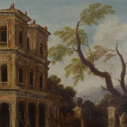 LATE 17THCENTURY ITALIAN SCHOOL ARCHITECTURAL CAPRICCIO WITH PORTICO DISTANT MOUNTAIN ANTIQUE OIL PAINTING - ADDITIONAL PHOTO 8