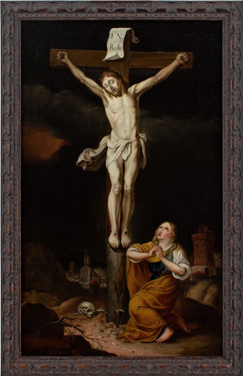 EARLY 18THCENTURY FLEMISH SCHOOL CHRIST ON THE CROSS WITH MARY MAGDALENE ANTIQUE OIL PAINTING