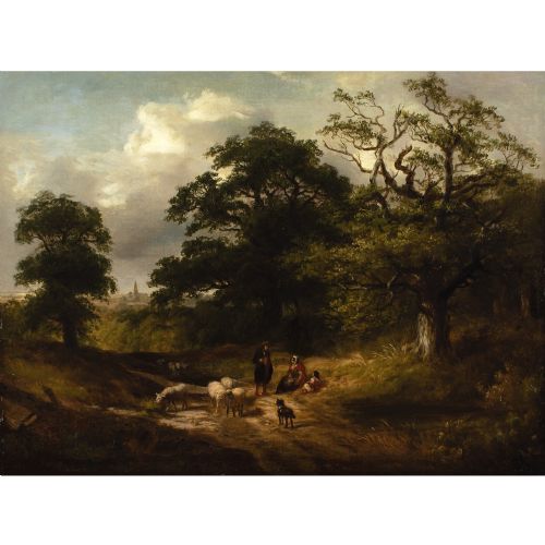 JAMES STARK CIRCLE WOODED LANDSCAPE WITH COUNTRY TRACK SHEPHERD SHEEP ANTIQUE OIL PAINTING - ADDITIONAL PHOTO 1