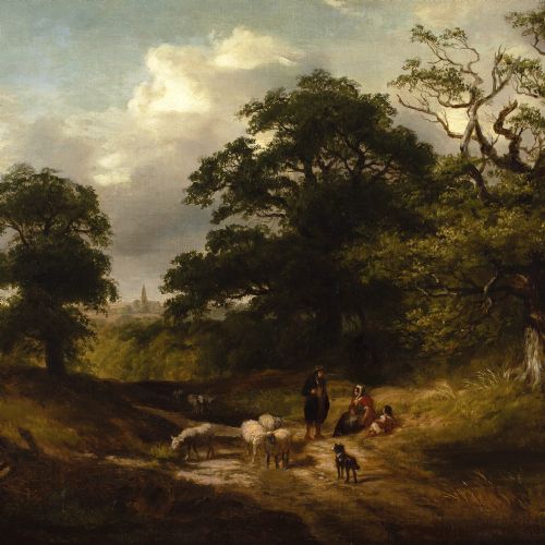 JAMES STARK CIRCLE WOODED LANDSCAPE WITH COUNTRY TRACK SHEPHERD SHEEP ANTIQUE OIL PAINTING - ADDITIONAL PHOTO 2