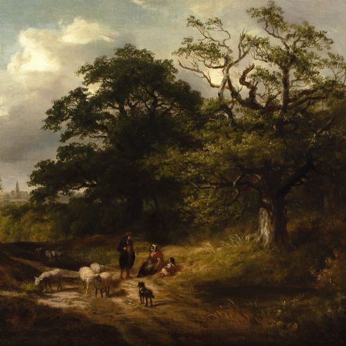 JAMES STARK CIRCLE WOODED LANDSCAPE WITH COUNTRY TRACK SHEPHERD SHEEP ANTIQUE OIL PAINTING - ADDITIONAL PHOTO 4