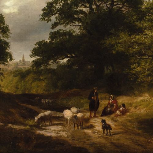 JAMES STARK CIRCLE WOODED LANDSCAPE WITH COUNTRY TRACK SHEPHERD SHEEP ANTIQUE OIL PAINTING - ADDITIONAL PHOTO 6