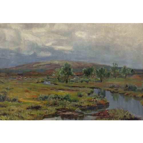 FREDRIK BORGEN RIVER LANDSCAPE WITH GRAZING CATTLE ANTIQUE OIL PAINTING - ADDITIONAL PHOTO 1