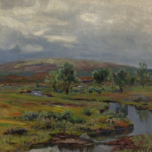 FREDRIK BORGEN RIVER LANDSCAPE WITH GRAZING CATTLE ANTIQUE OIL PAINTING - ADDITIONAL PHOTO 4