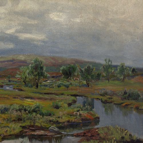 FREDRIK BORGEN RIVER LANDSCAPE WITH GRAZING CATTLE ANTIQUE OIL PAINTING - ADDITIONAL PHOTO 5