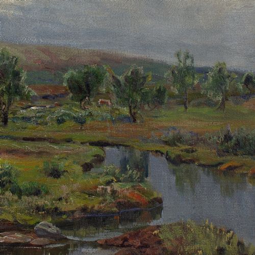 FREDRIK BORGEN RIVER LANDSCAPE WITH GRAZING CATTLE ANTIQUE OIL PAINTING - ADDITIONAL PHOTO 6