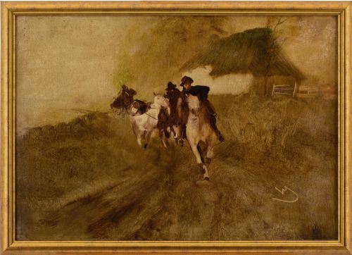 WILHELM SCHREUER FULL GALLOP ANTIQUE OIL PAINTING