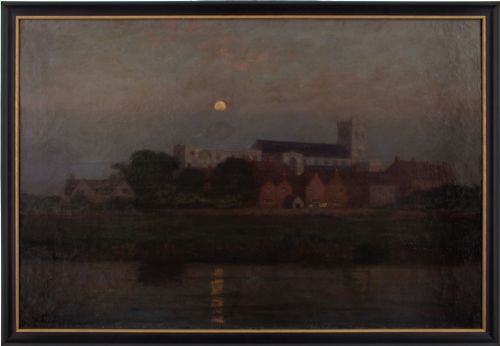 allen g folliottstokes sunday evening cornwall antique oil painting - CATEGORY: ANTIQUE ART - DATED 1890