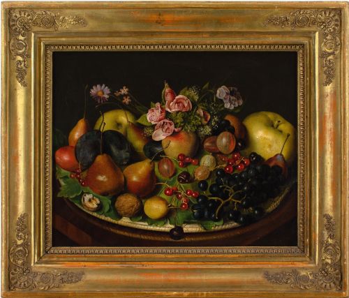 mid19thcentury german school still life with plums grapes gooseberries roses antique oil painting - CATEGORY: ANTIQUE ART - DATED 19TH CENTURY