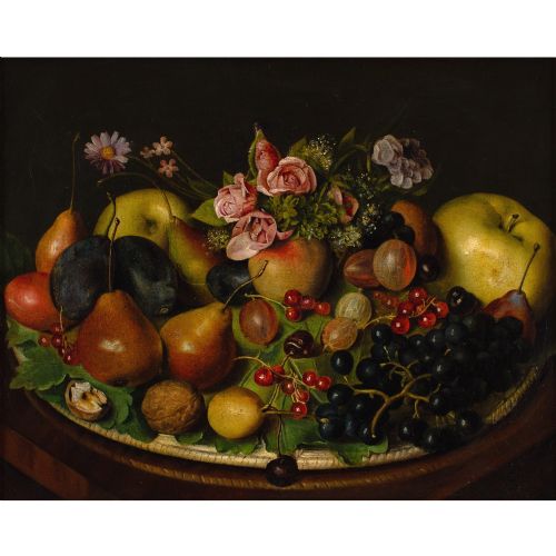 MID19THCENTURY GERMAN SCHOOL STILL LIFE WITH PLUMS GRAPES GOOSEBERRIES ROSES ANTIQUE OIL PAINTING - ADDITIONAL PHOTO 1