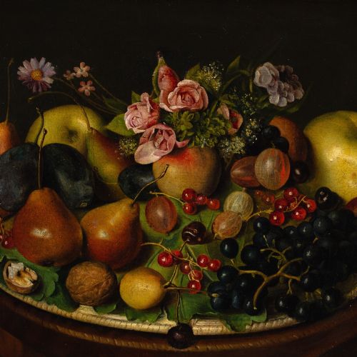 MID19THCENTURY GERMAN SCHOOL STILL LIFE WITH PLUMS GRAPES GOOSEBERRIES ROSES ANTIQUE OIL PAINTING - ADDITIONAL PHOTO 4