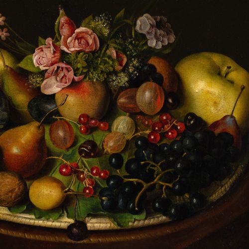 MID19THCENTURY GERMAN SCHOOL STILL LIFE WITH PLUMS GRAPES GOOSEBERRIES ROSES ANTIQUE OIL PAINTING - ADDITIONAL PHOTO 5