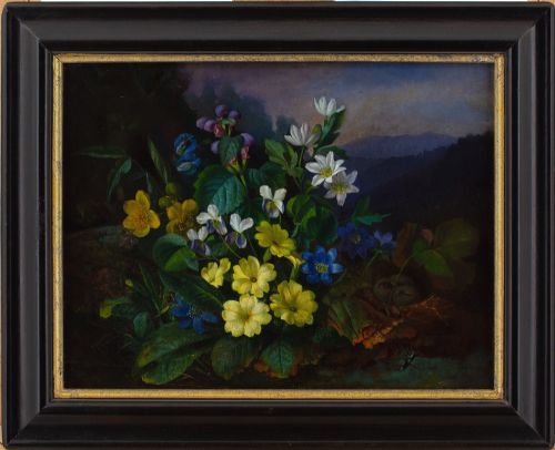 franz xaver petter circle still life with alpine flora antique oil painting - CATEGORY: ANTIQUE ART - DATED 1850