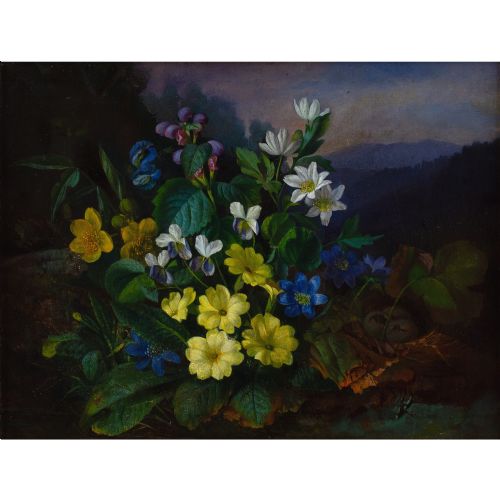 FRANZ XAVER PETTER CIRCLE STILL LIFE WITH ALPINE FLORA ANTIQUE OIL PAINTING - ADDITIONAL PHOTO 1