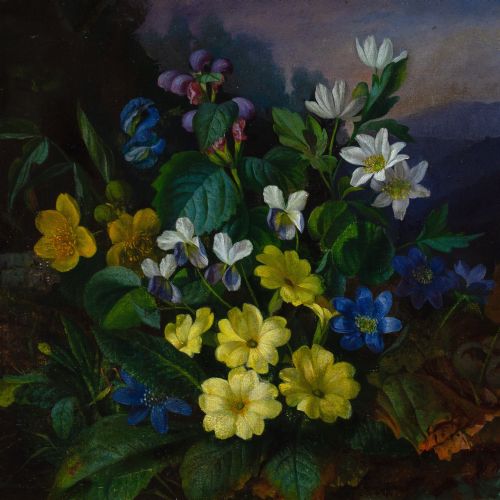FRANZ XAVER PETTER CIRCLE STILL LIFE WITH ALPINE FLORA ANTIQUE OIL PAINTING - ADDITIONAL PHOTO 5