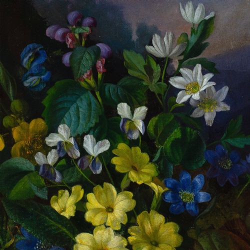 FRANZ XAVER PETTER CIRCLE STILL LIFE WITH ALPINE FLORA ANTIQUE OIL PAINTING - ADDITIONAL PHOTO 6