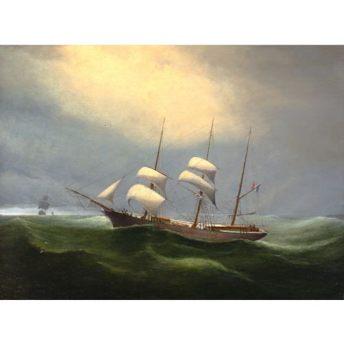 MARIEEDOUARD ADAM CIRCLE THE BARQUE LIMBE IN CHOPPY WATERS ANTIQUE OIL PAINTING - ADDITIONAL PHOTO 2