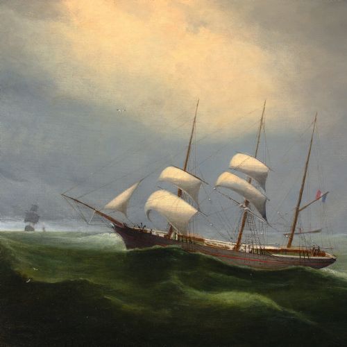 MARIEEDOUARD ADAM CIRCLE THE BARQUE LIMBE IN CHOPPY WATERS ANTIQUE OIL PAINTING - ADDITIONAL PHOTO 4