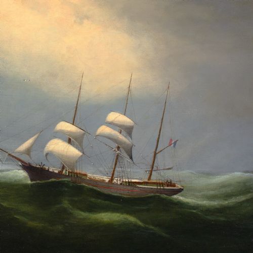 MARIEEDOUARD ADAM CIRCLE THE BARQUE LIMBE IN CHOPPY WATERS ANTIQUE OIL PAINTING - ADDITIONAL PHOTO 5