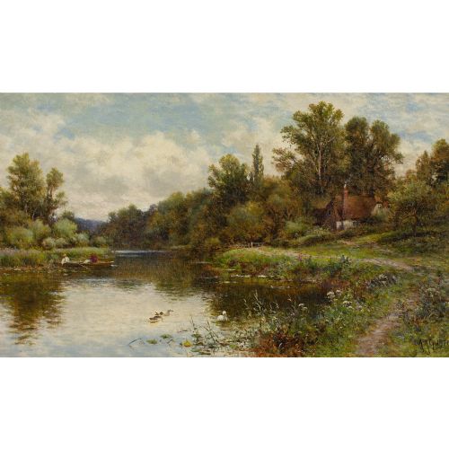 ALFRED AUGUSTUS GLENDENING RIVER LANDSCAPE WITH COTTAGE BOATMAN ANIQUE OIL PAINTING - ADDITIONAL PHOTO 2