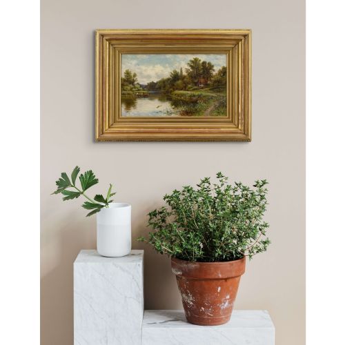 ALFRED AUGUSTUS GLENDENING RIVER LANDSCAPE WITH COTTAGE BOATMAN ANIQUE OIL PAINTING - ADDITIONAL PHOTO 3