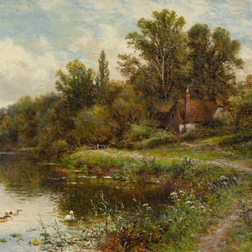 ALFRED AUGUSTUS GLENDENING RIVER LANDSCAPE WITH COTTAGE BOATMAN ANIQUE OIL PAINTING - ADDITIONAL PHOTO 4
