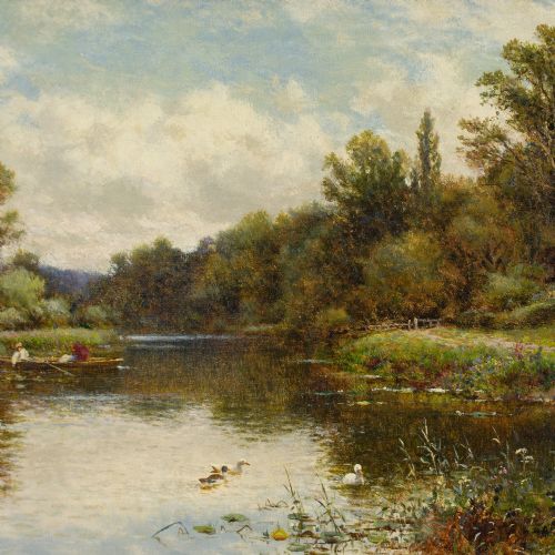 ALFRED AUGUSTUS GLENDENING RIVER LANDSCAPE WITH COTTAGE BOATMAN ANIQUE OIL PAINTING - ADDITIONAL PHOTO 5