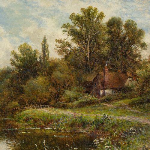 ALFRED AUGUSTUS GLENDENING RIVER LANDSCAPE WITH COTTAGE BOATMAN ANIQUE OIL PAINTING - ADDITIONAL PHOTO 6