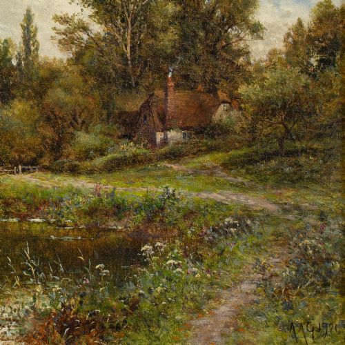 ALFRED AUGUSTUS GLENDENING RIVER LANDSCAPE WITH COTTAGE BOATMAN ANIQUE OIL PAINTING - ADDITIONAL PHOTO 7