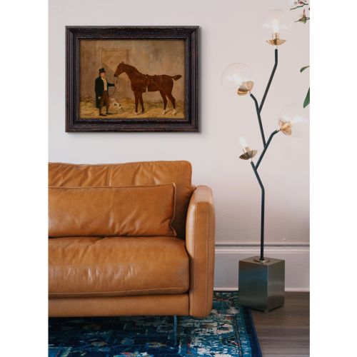 R F HENDERSON AN OWNER WITH A CHESTNUT RACEHORSE TERRIER IN A STABLE ANTIQUE OIL PAINTING - ADDITIONAL PHOTO 1